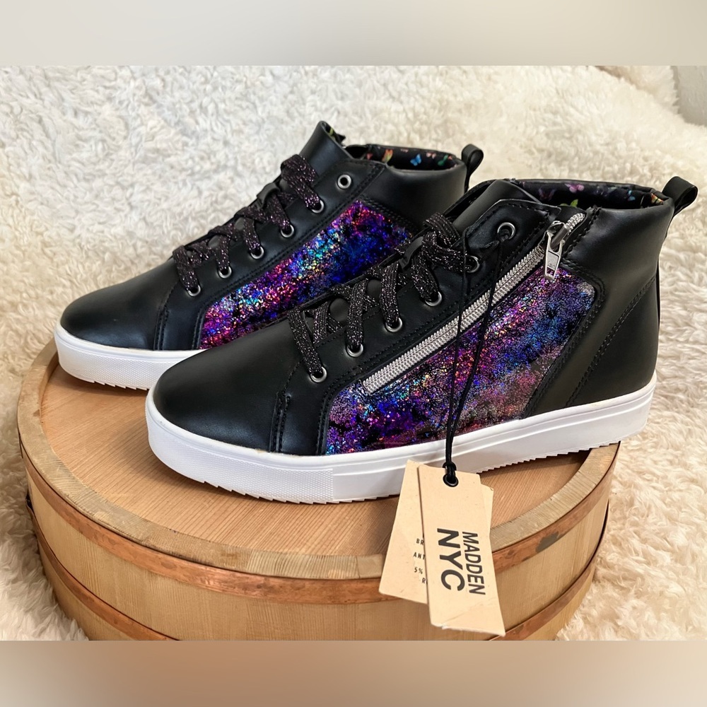 Madden NYC Kids Black and Purple Glitter Sneakers